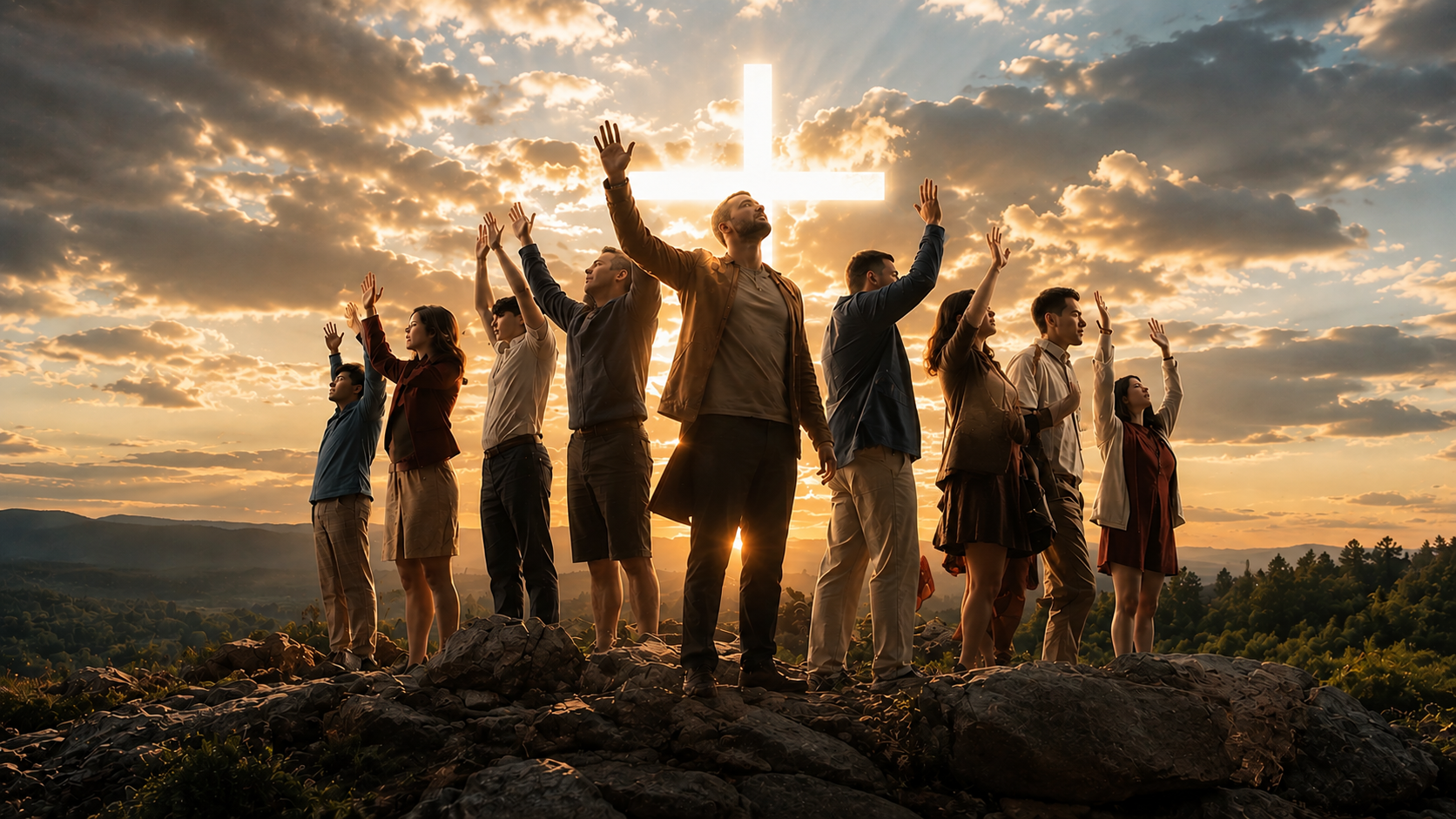 Worshippers with arms raised toward a glowing cross — representing the global ministry community